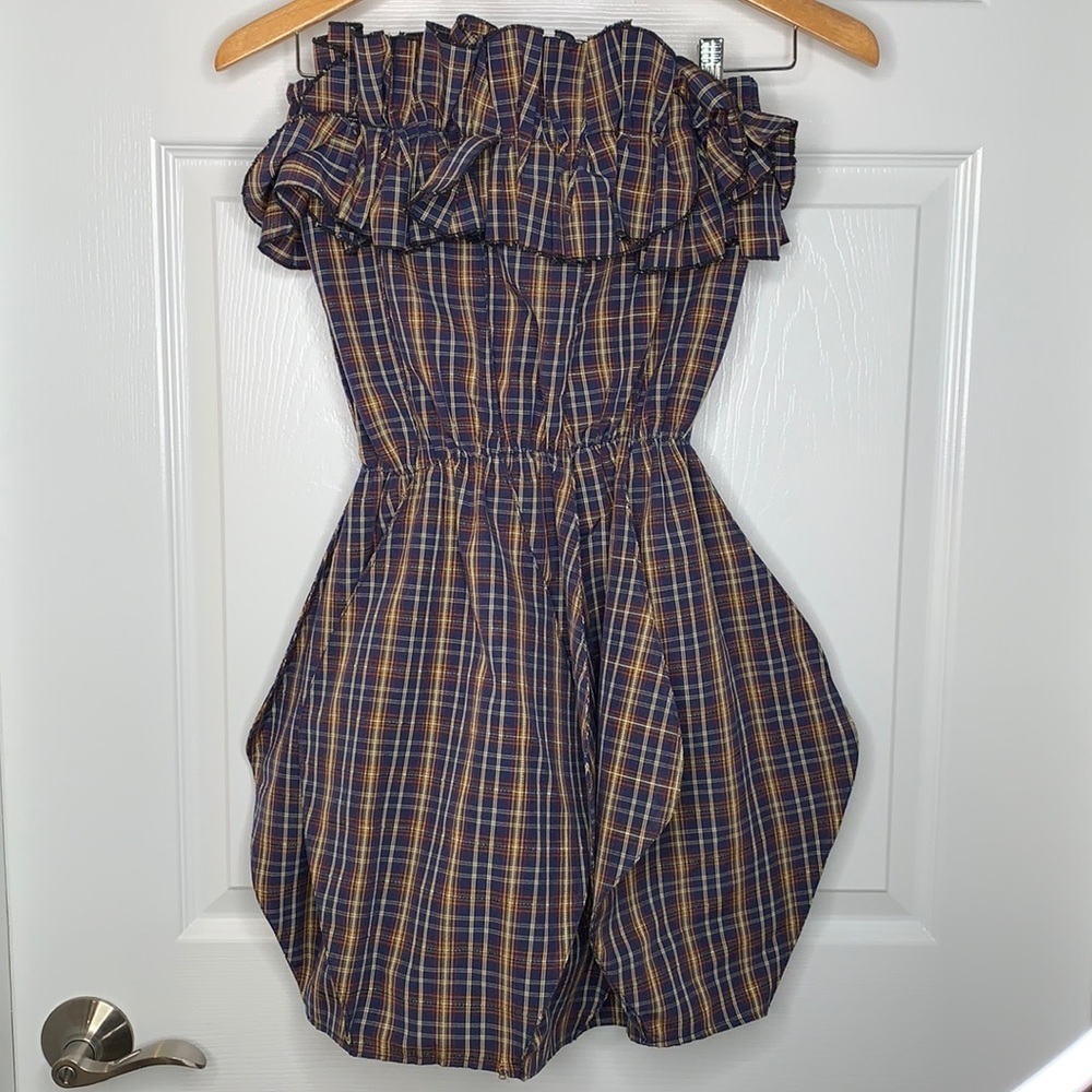 Strapless Women's Size 4 Brown Blue Plaid Ruffle Mini Balloon Hem Dress